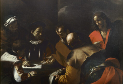 Judas receiving thirty pieces of silver for betraying Jesus, by Mattia Preti, c. 1640.